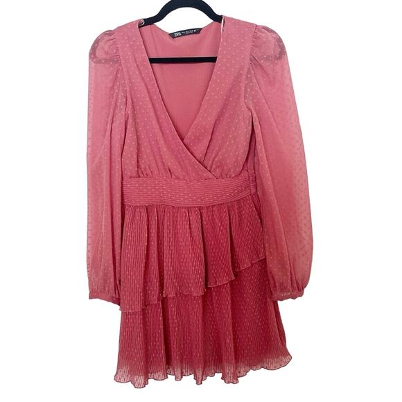 Zara Dress Pink Clip Dot Faux Wrap Mesh Tiered Mini Babydoll Boho Small - Picture 2 of 7